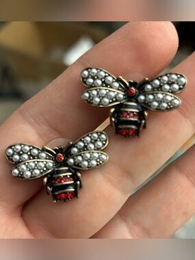 Pearl & Red Crystal Bee Stud Earrings - Women Jewelry